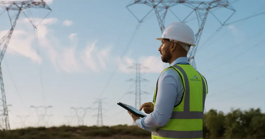 Ein Mitarbeiter arbeitet outdoor und beobachtet Stromkabeln. Unsere Service: Energiemanagement Düsseldorf