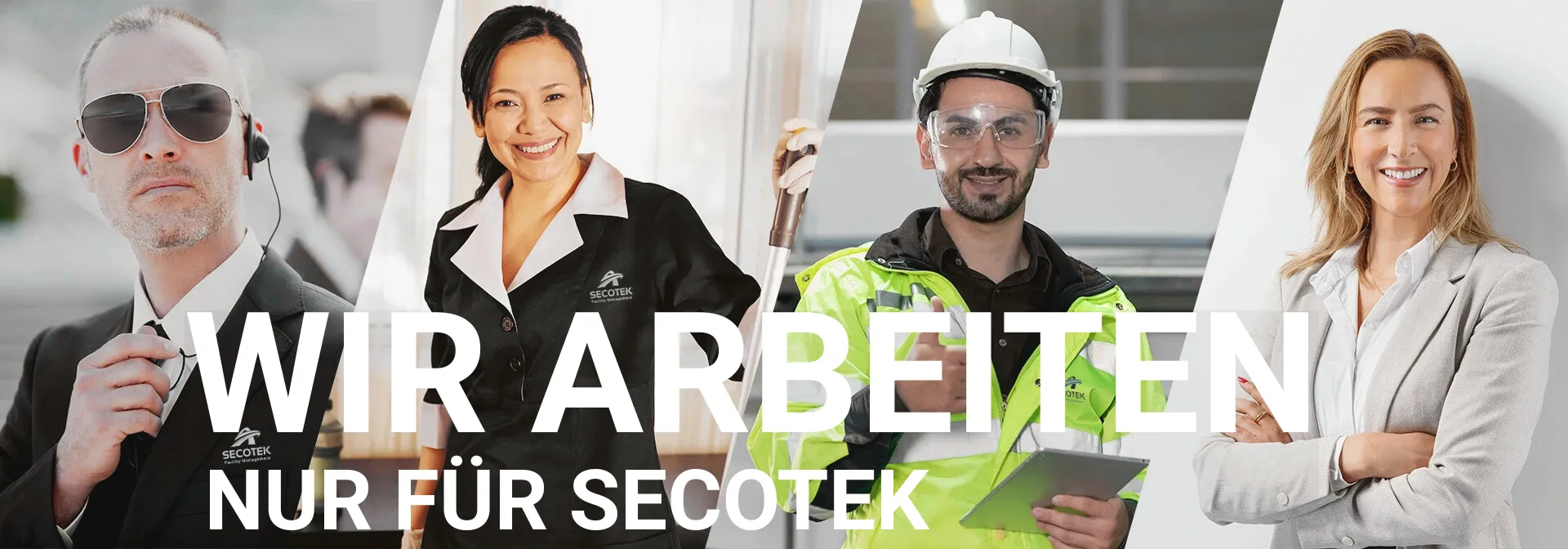 Vier Mitarbeiter in verschiedene Bereiche arbeiten für secoteck