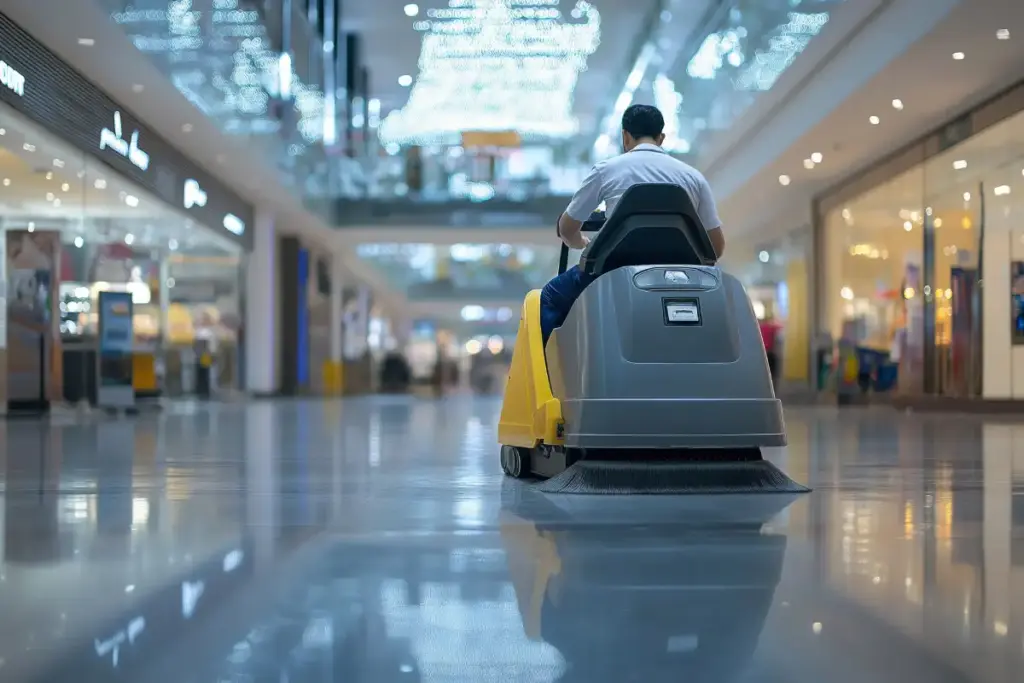 Reinigungsmaschine für den Boden im Einsatz in einem belebten Einkaufszentrum tagsüber