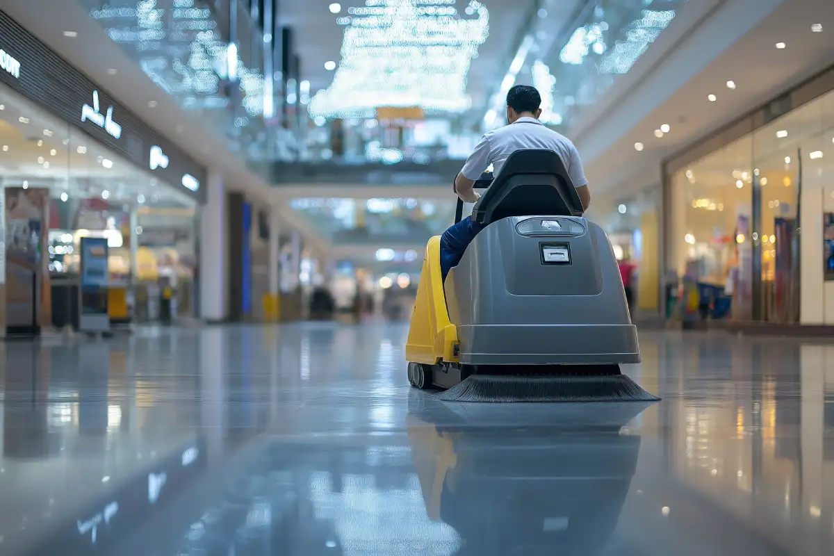 Reinigungsmaschine für den Boden im Einsatz in einem belebten Einkaufszentrum tagsüber