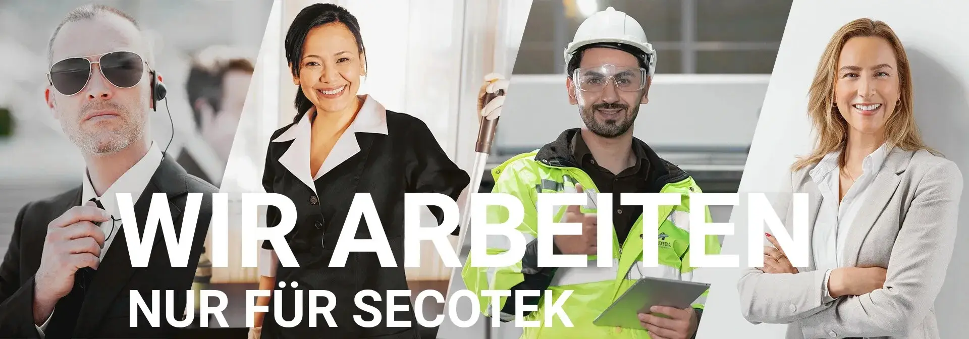 Vier Mitarbeiter in verschiedene Bereiche arbeiten für secoteck